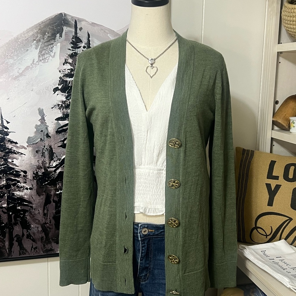 Tory Burch Olive Green Button-Front Women's Cardigan Sweater